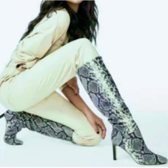 Marc Fisher LTD Black, White and Blue Snakeskin Embossed Leather Heel Boots- 7.5 - Picture 11 of 11